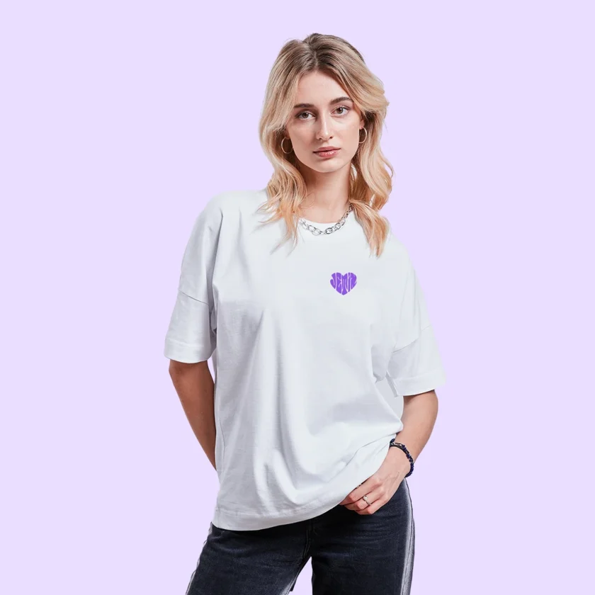 T-shirt bio Oversize blanc logo violet Unisexe Jetix fr1ngue twitch streamer valorant radiant champion mio français france